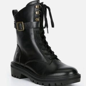Antonio Melani Black Dylan Buckle Leather Lug Sole Combat Booties.